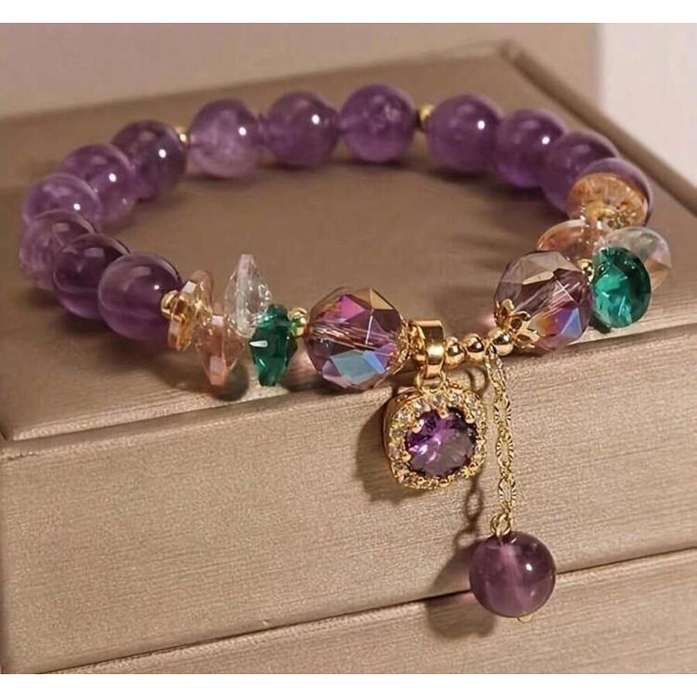 Purple Beaded Charm Bracelet with Gold Accents